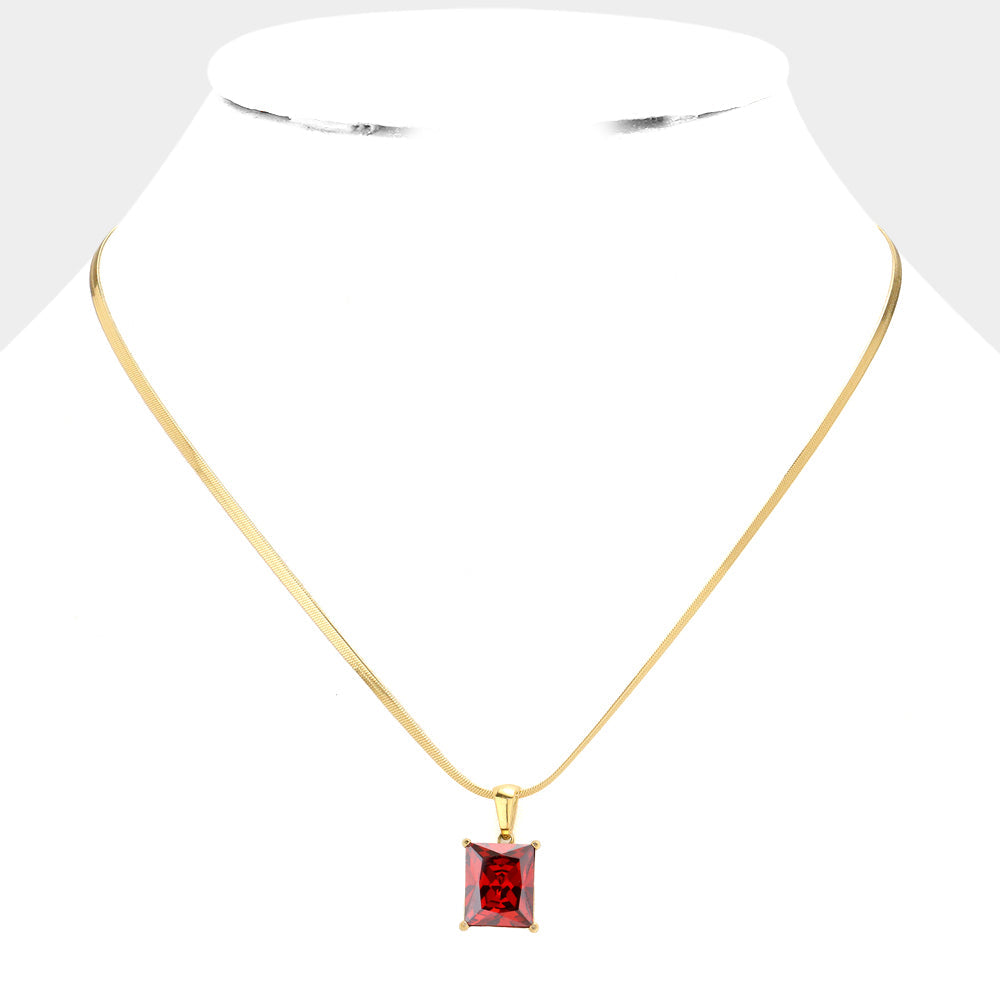 18K Gold Dipped Stainless Steel CZ Rectangle Pendant Necklace