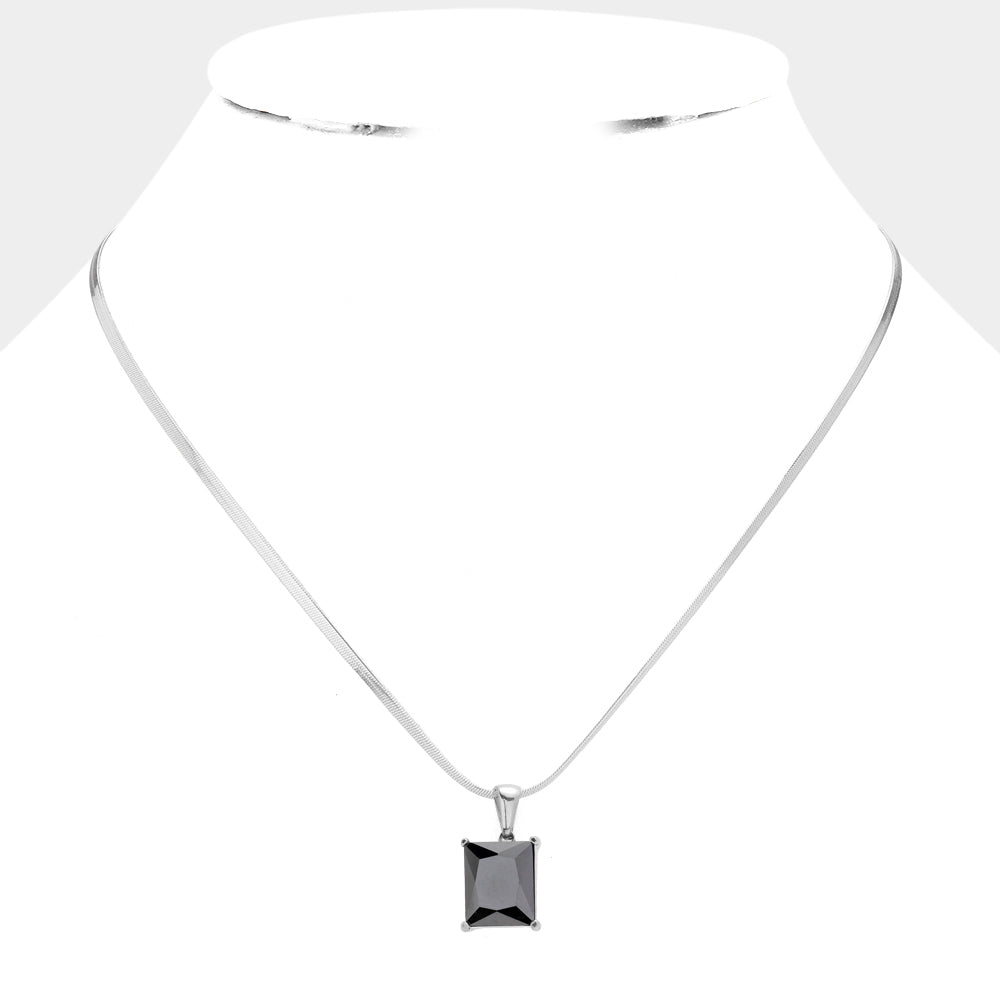 Stainless Steel CZ Rectangle Pendant Necklace