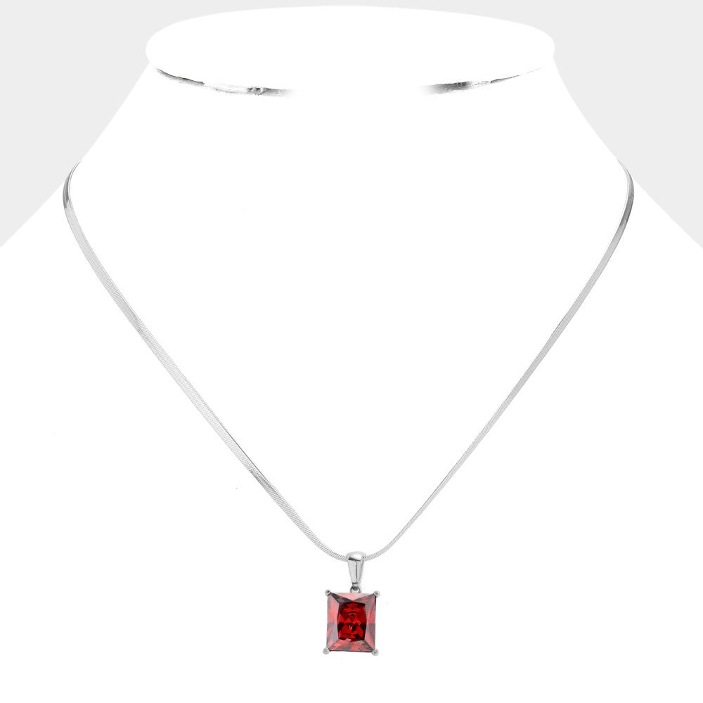 Stainless Steel CZ Rectangle Pendant Necklace