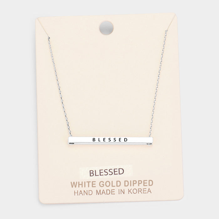 'Blessed' Horizontal Metal Bar Pendant Necklace
