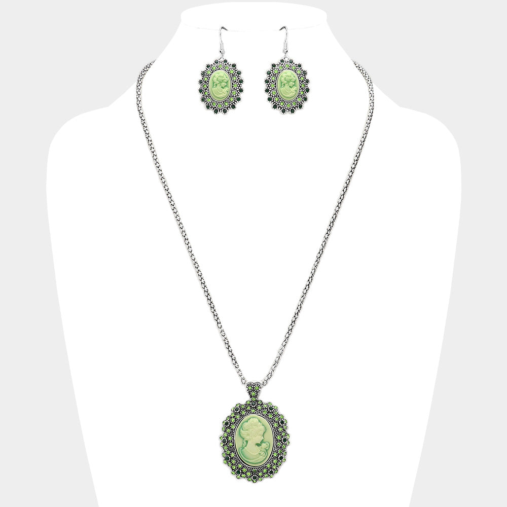 Rhinestone Paved Cameo Pointed Pendant Necklace