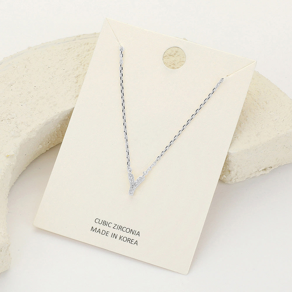 -Y- CZ Stone Paved Initial Monogram Pendant Necklace