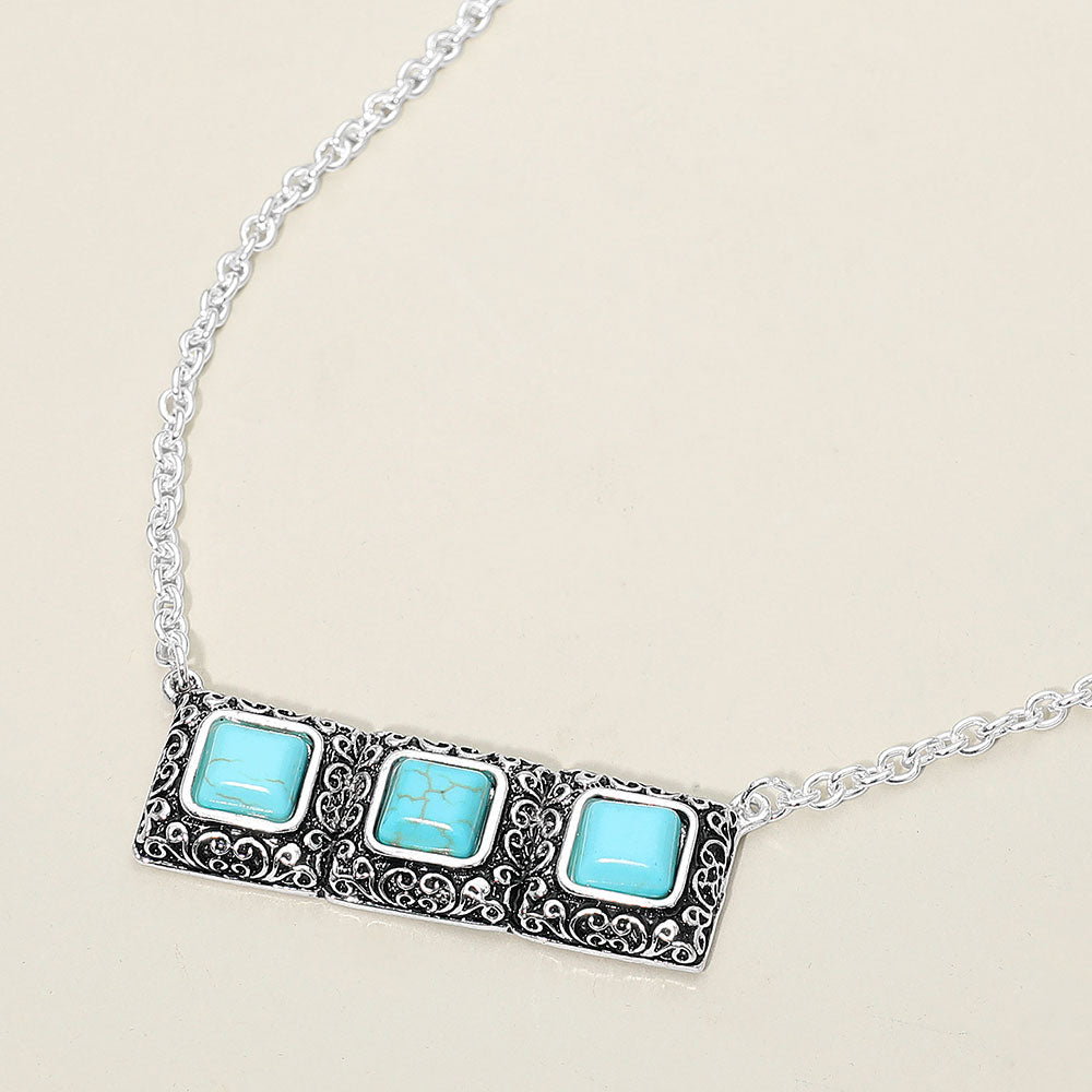 Triple Antique Metal Scrollwork Frame Square Tile Pendant Necklace