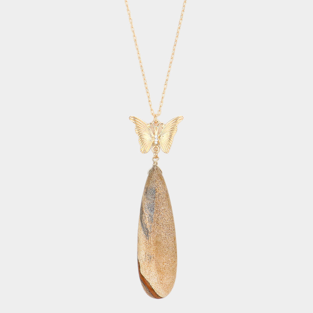 Butterfly Natural Stone Teardrop Link Pendant Long Necklace