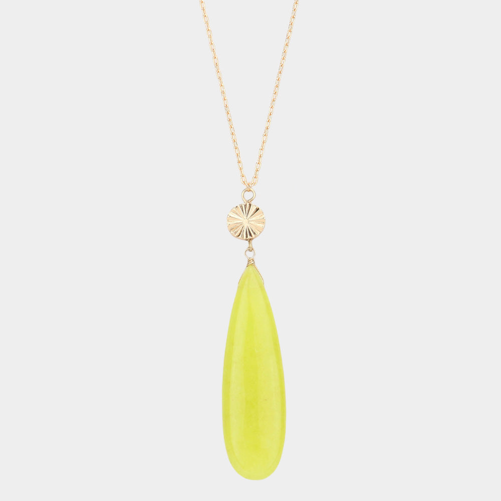 Textured Metal Round Natural Stone Teardrop Link Pendant Long Necklace