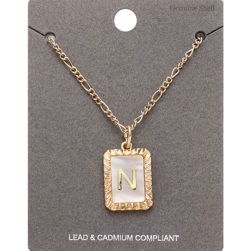 -N- Initial Monogram Genuine Shell Rectangle Pendant Necklace