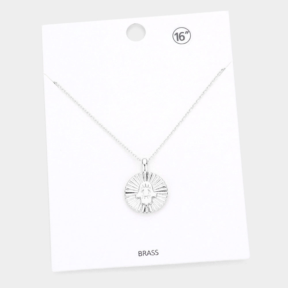 Hamsa Hand Evil Eye Accented Textured Brass Metal Round Pendant Necklace