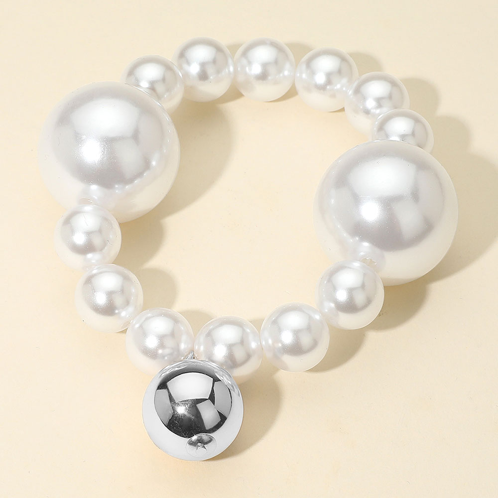 Bold Metal Ball Charm Pearl Beaded Stretch Bracelet