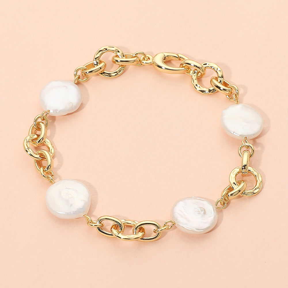 18K Gold Dipped Freshwater Pearl Station Link Chain Bracelet