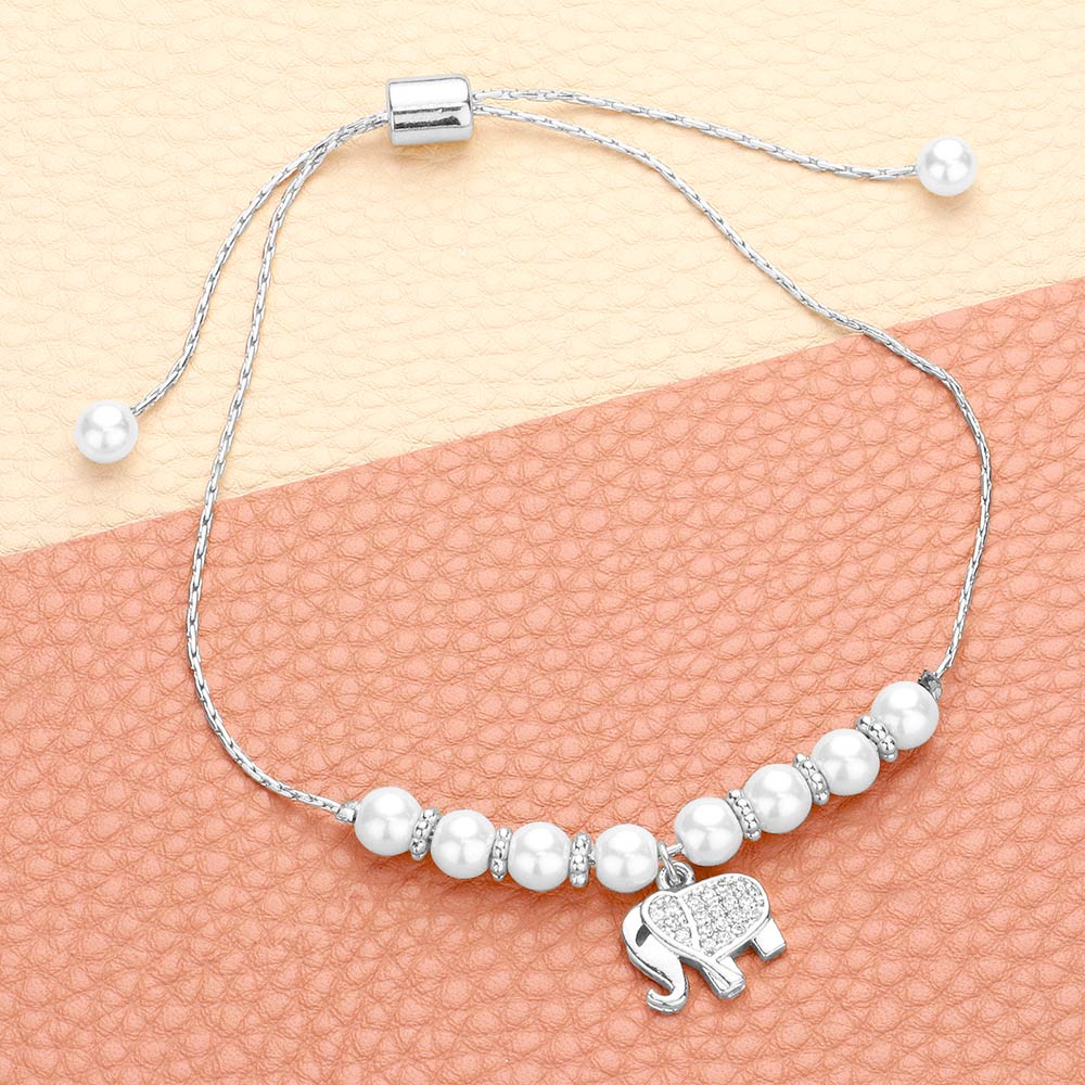 CZ Stone Paved Elephant Charm Pearl Beaded Cinch Pull Tie Adjustable Bracelet