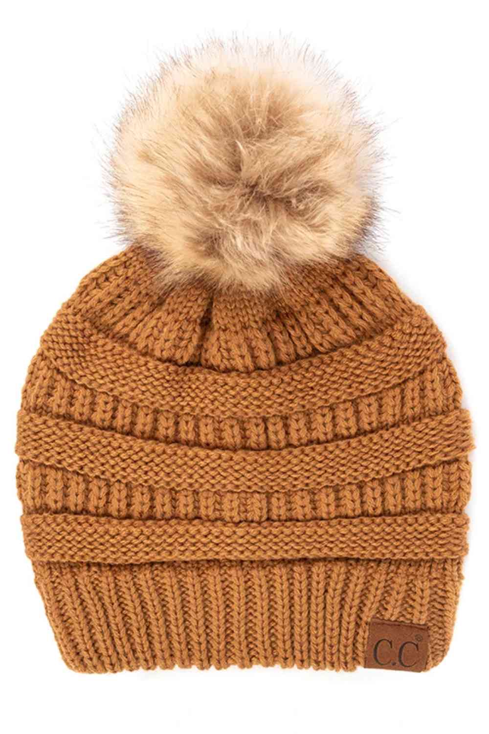 C.C Solid Ribbed Knit Beanie with Pom