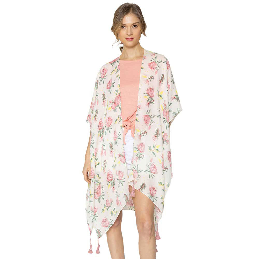 Elegant Flower Printed Cover Up Kimono Poncho