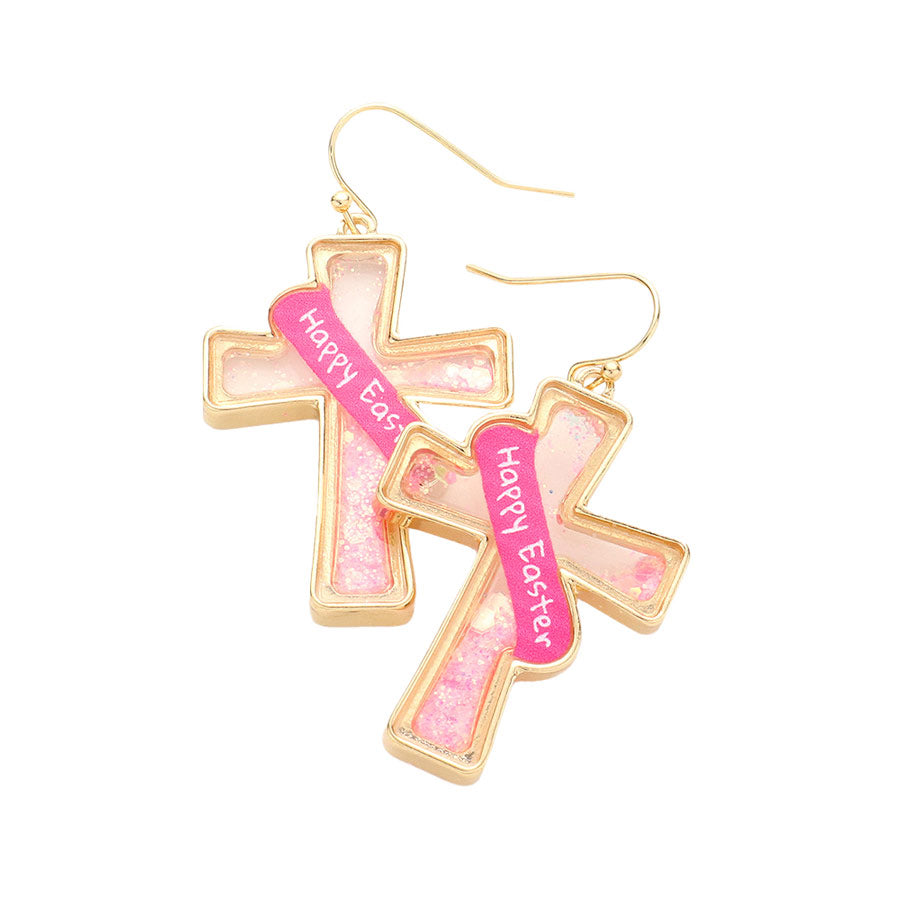 Happy Easter Message Confetti Cross Dangle Earrings