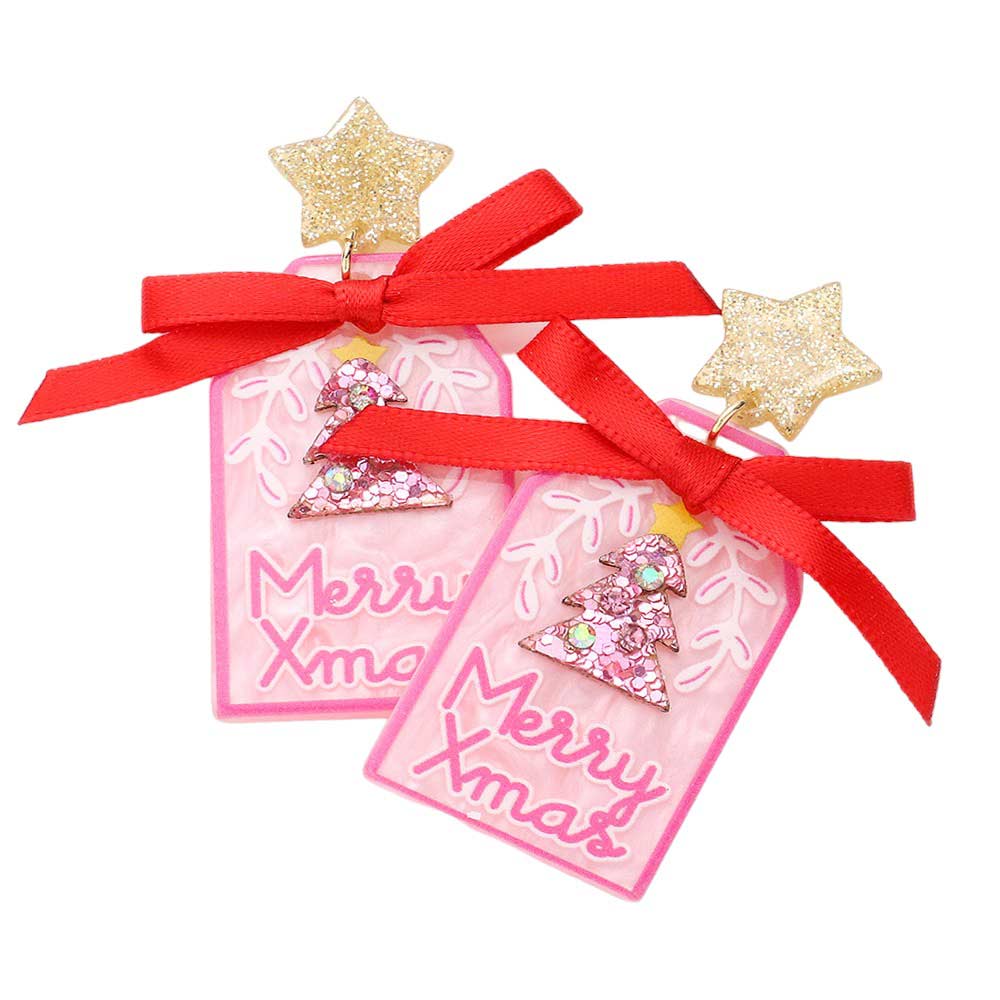 Merry Xmas Message Christmas Tree Ribbon Resin Earrings