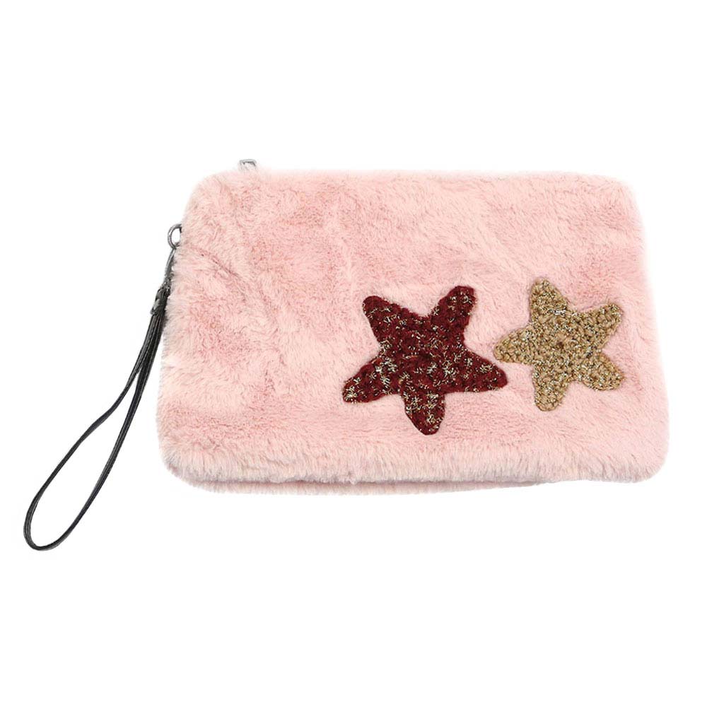 Star Patches Fuzzy Faux Fur Wristlet Clutch Bag