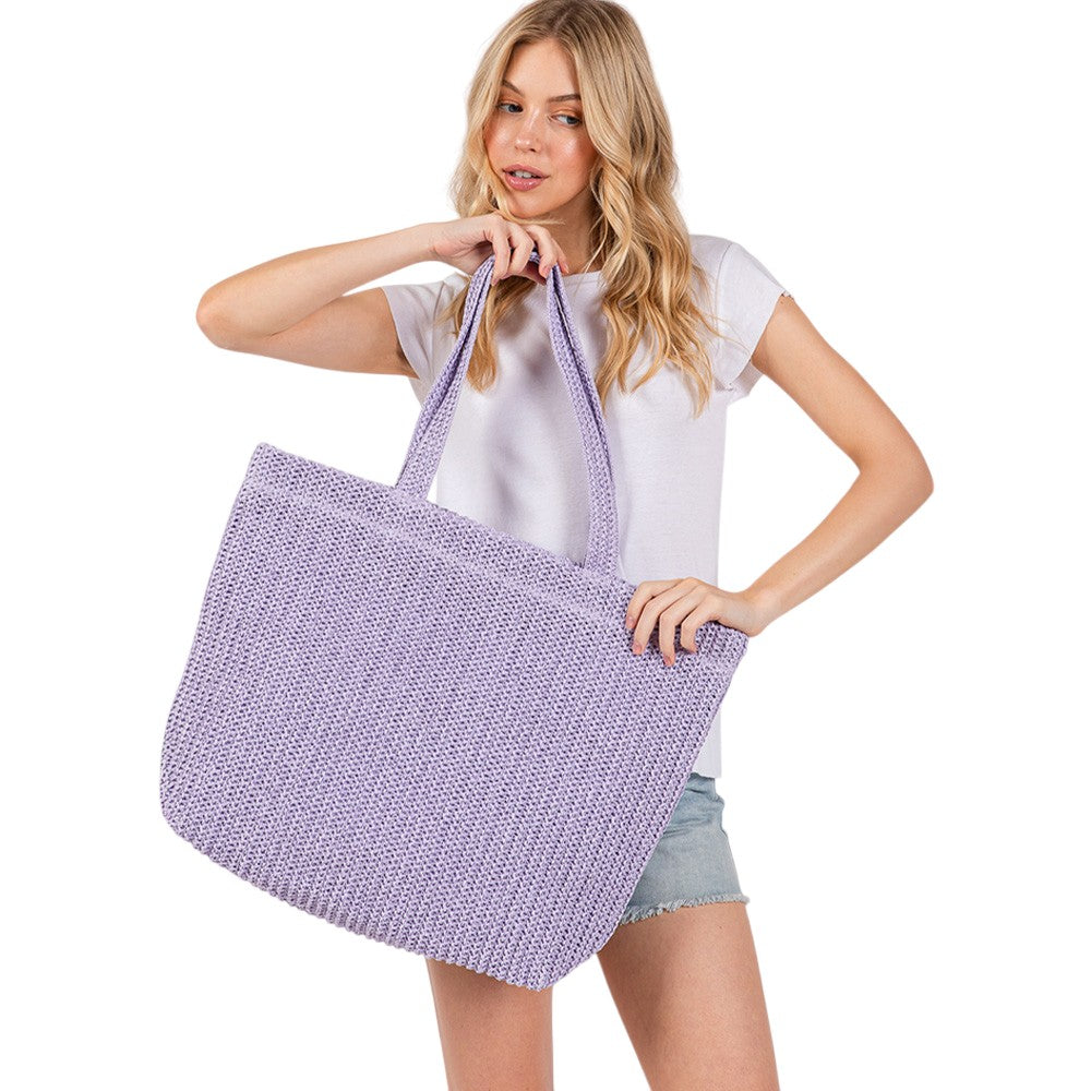 Women's Solid Crochet Straw Tote Bag / Beach