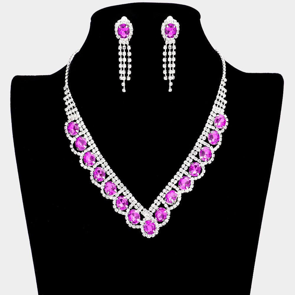 Oval Stone Accented V Shaped Rhinestone Necklace Clip on Earring Set