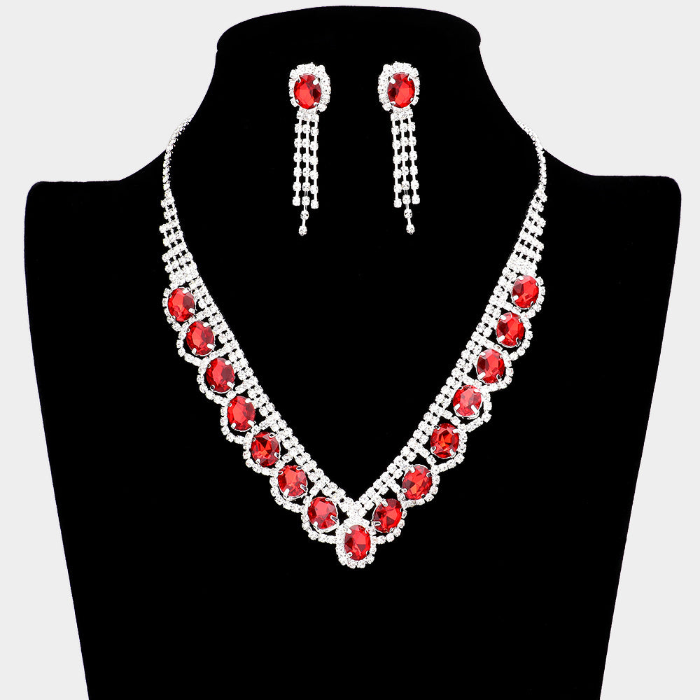 Oval Stone Accented V Shaped Rhinestone Necklace