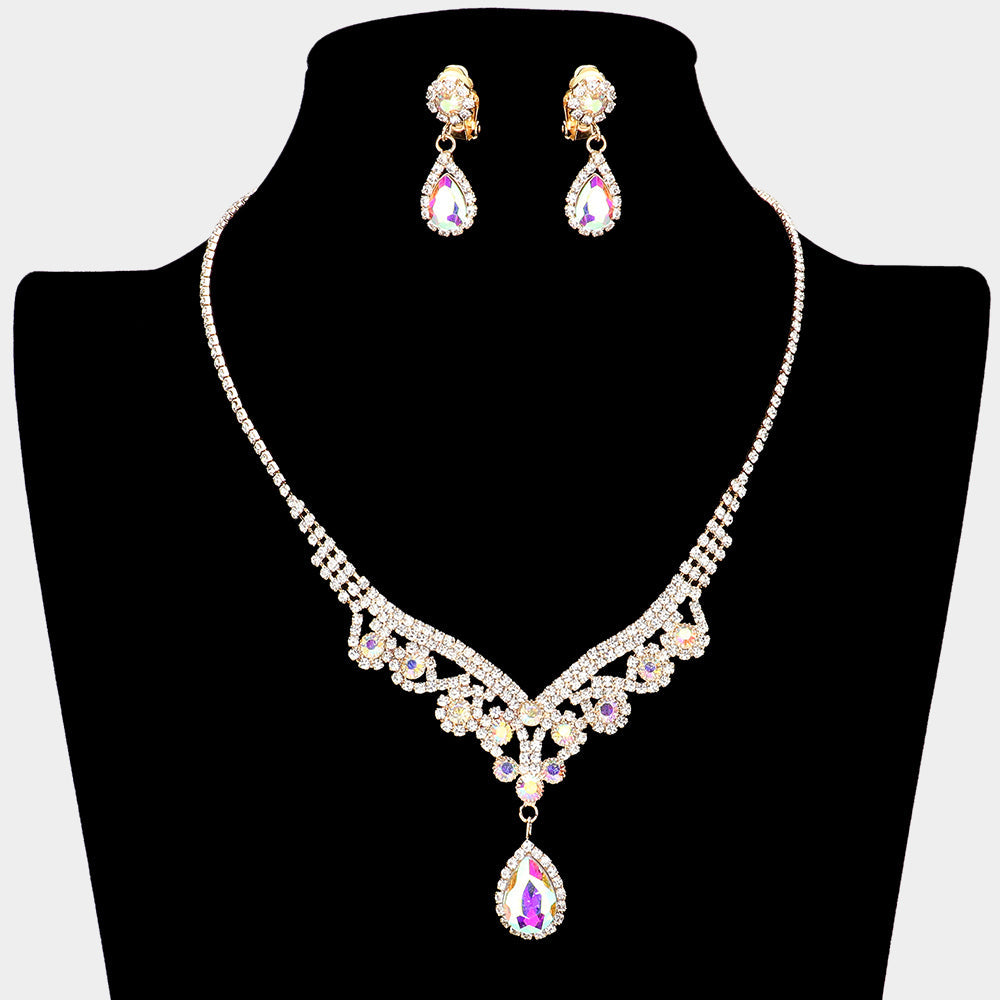 Teardrop Stone Accented Rhinestone Necklace Clip on Earring Set