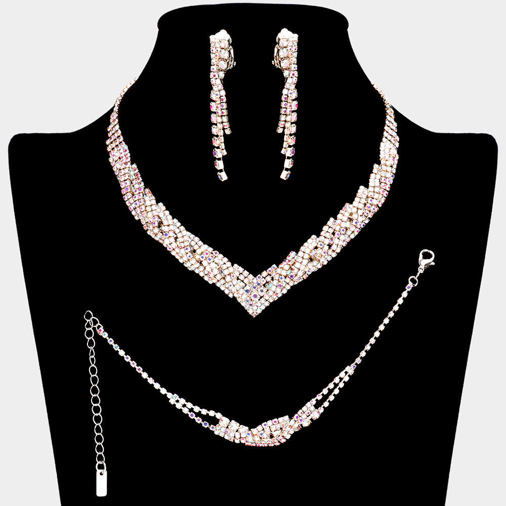3PCS - Rhinestone Pave Necklace Clip On Earring Jewelry Set