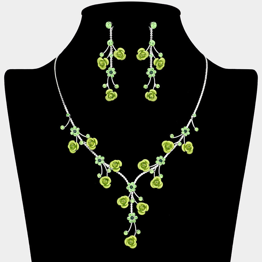 Rhinestone Embellished Rose Flower Cluster Vine Necklace