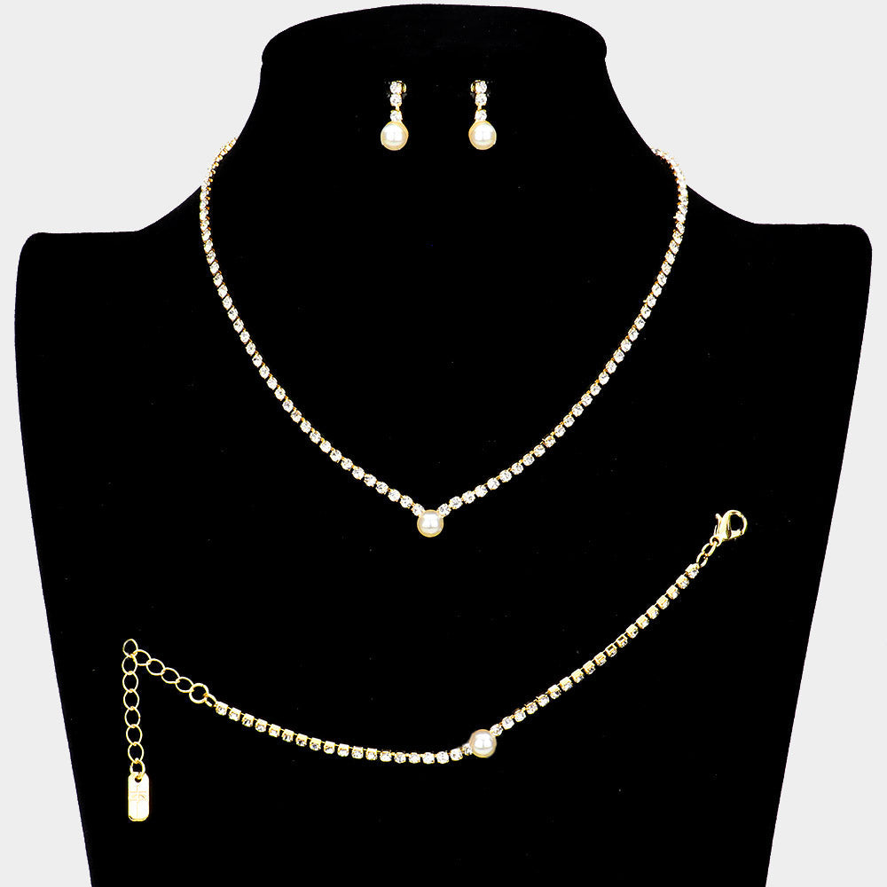 3PCS - Pearl Accented Rhinestone Necklace Jewelry Set