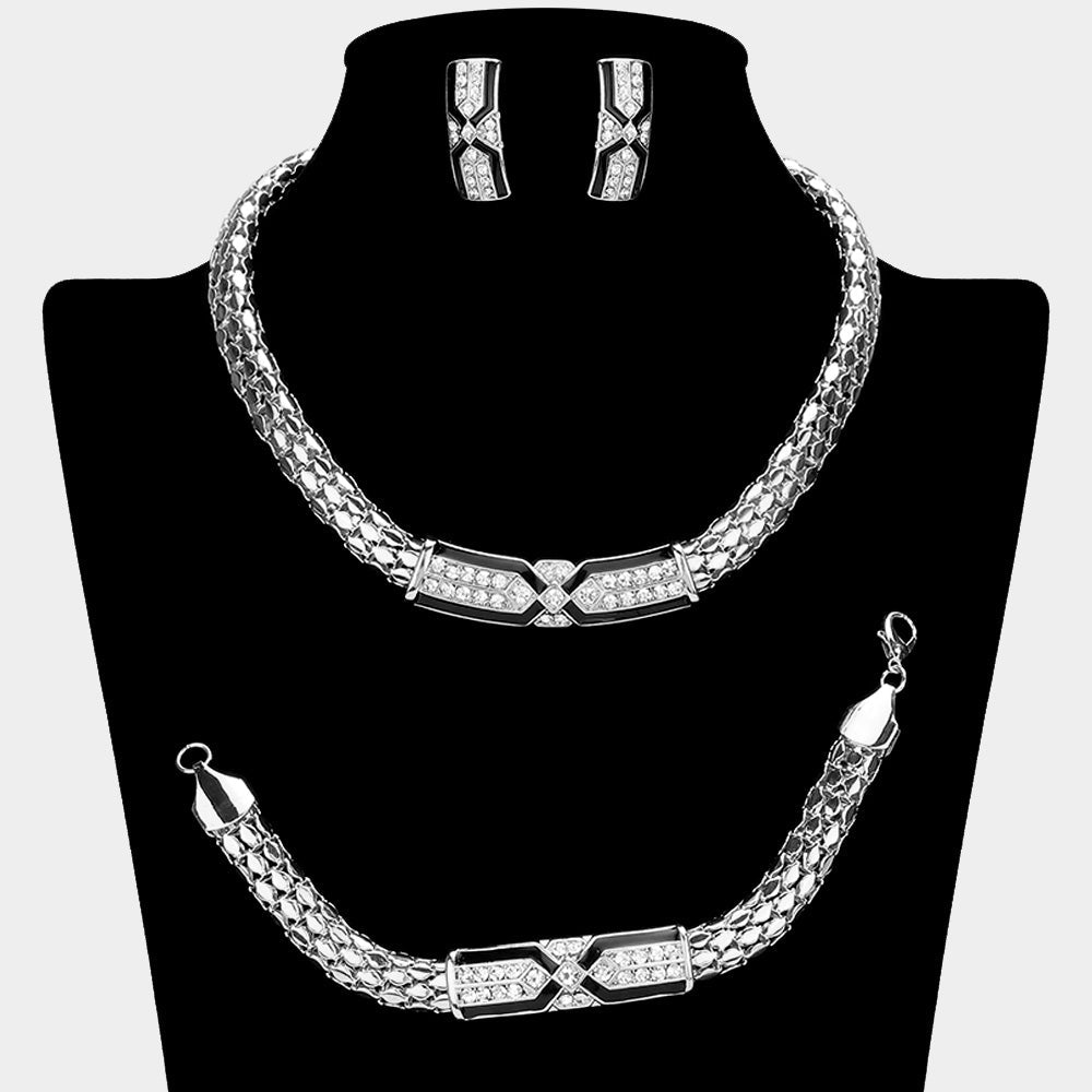 Geometric Rhinestone Paved Plate Pointed Chunky Necklace Jewelry Set