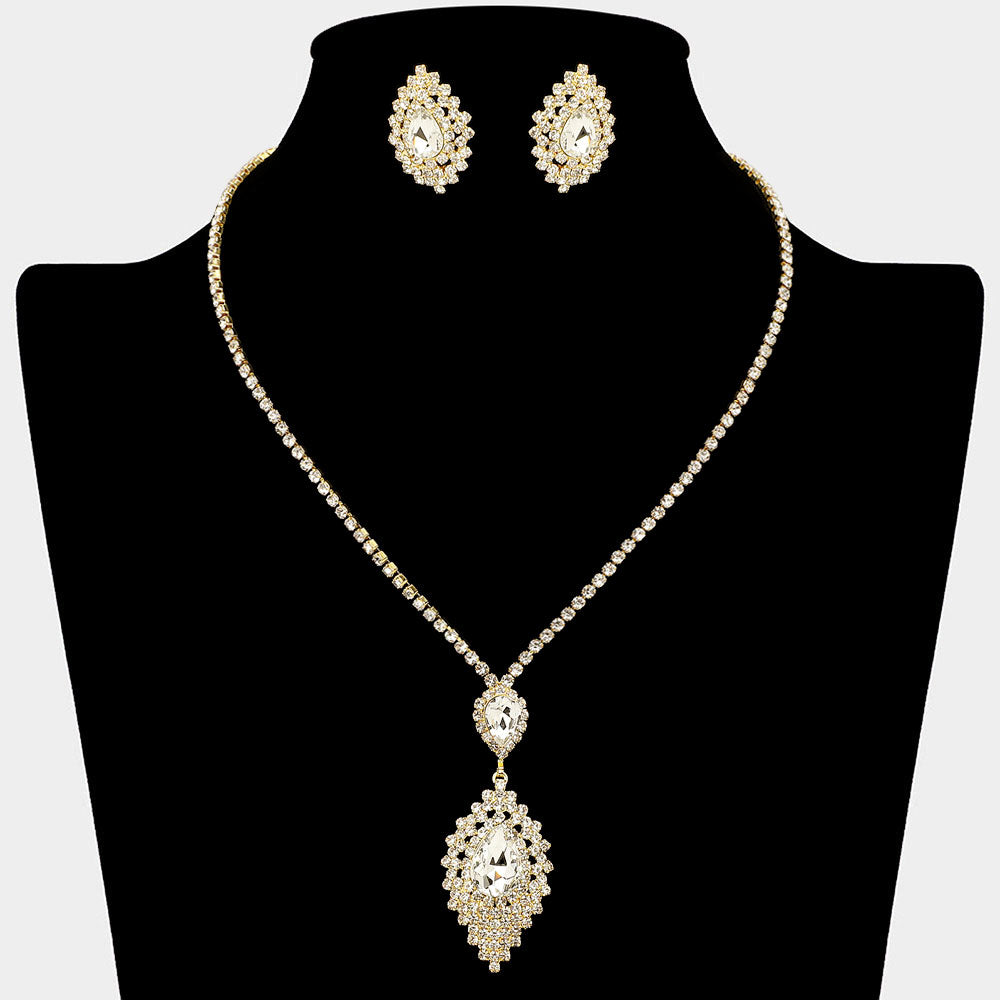 Teardrop Stone Center Rhinestone Paved Pendant Accent Necklace