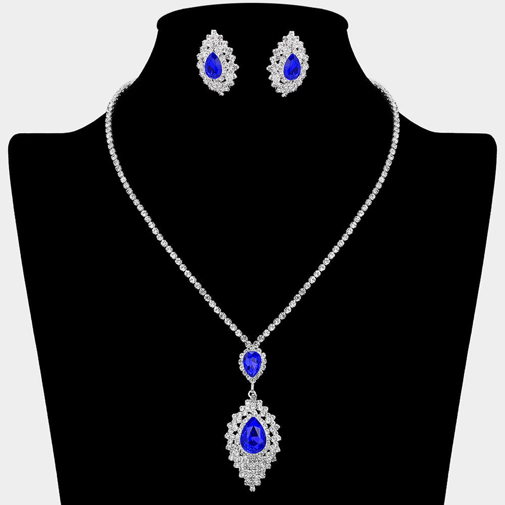 Teardrop Stone Center Rhinestone Paved Pendant Accent Necklace