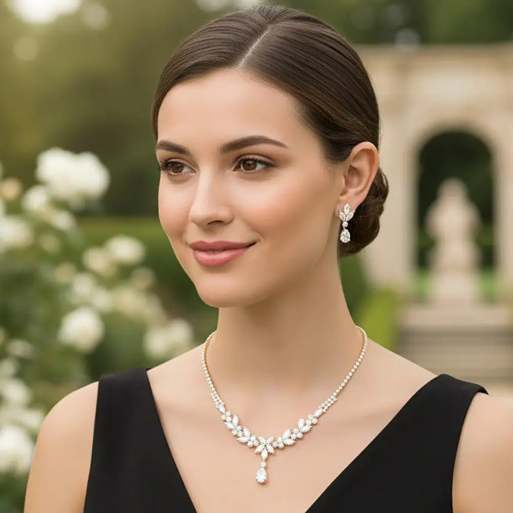 Teardrop CZ Stone Cluster Drop Floral Rhinestone Paved Necklace
