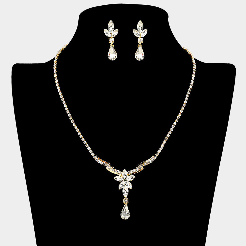 Floral Stone Cluster Accent Rhinestone Paved Necklace