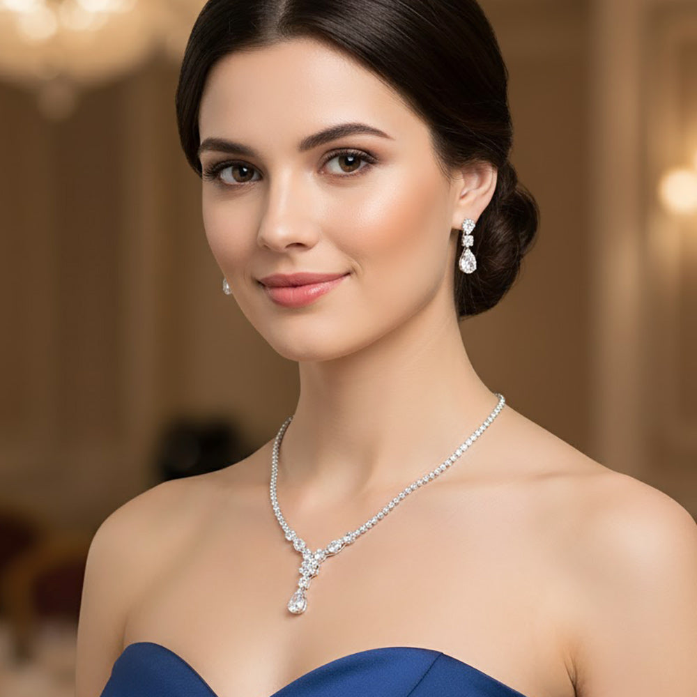 Flower CZ Stone Cluster Center Teardrop Accent Rhinestone Paved Necklace