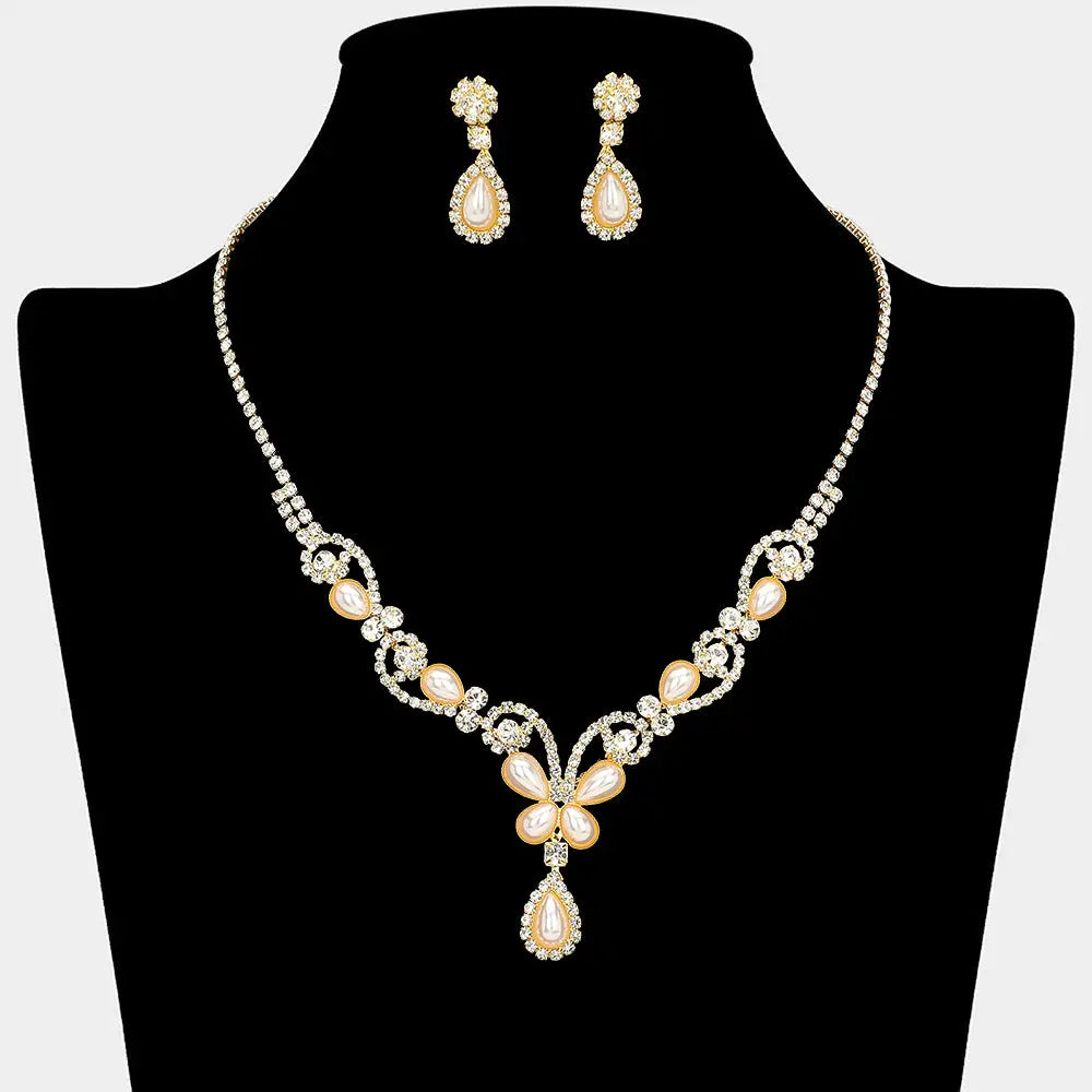 Teardrop Pearl Embellished Rhinestone Paved Necklace
