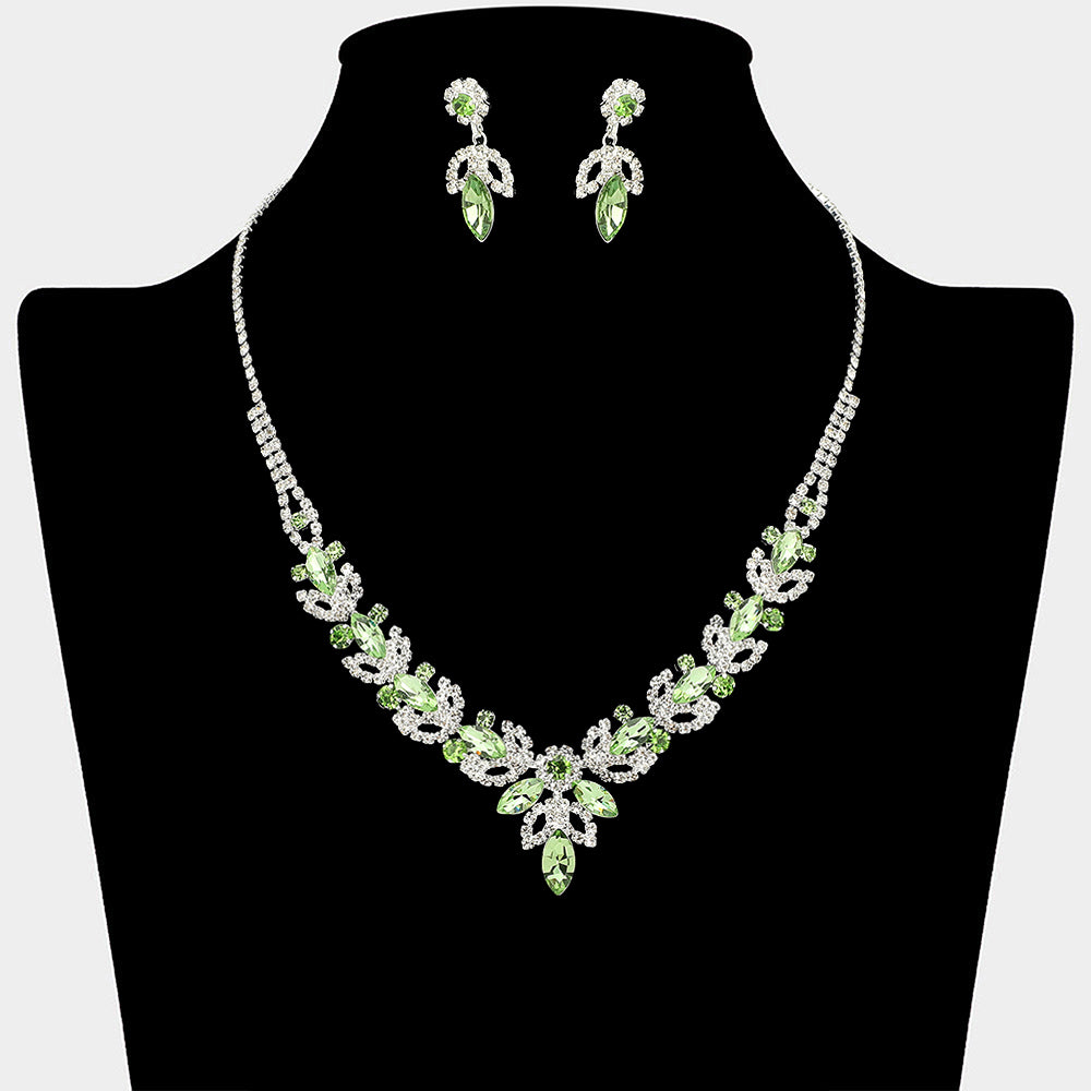 Marquise Stone Cluster Leaf Drop Rhinestone Paved Necklace