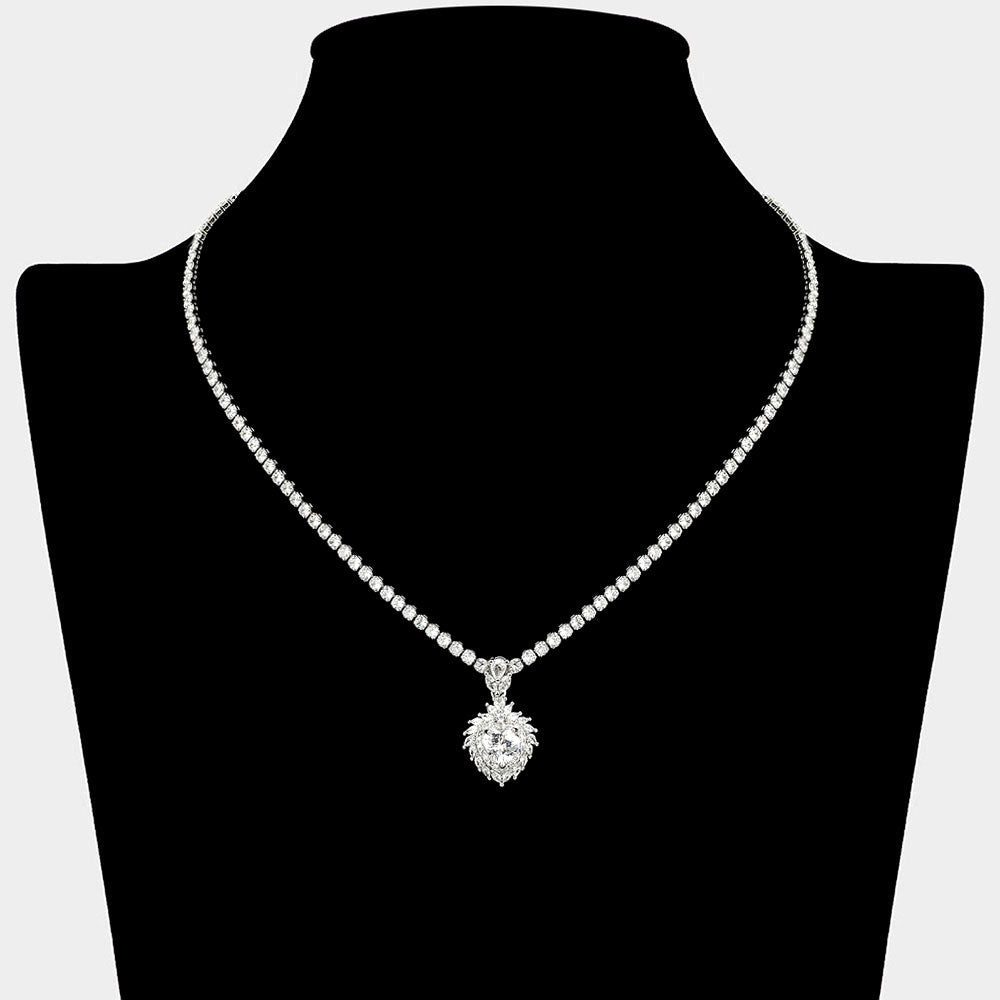 CZ Stone Heart Cluster Drop Pendant Accent Rhinestone Paved Necklace
