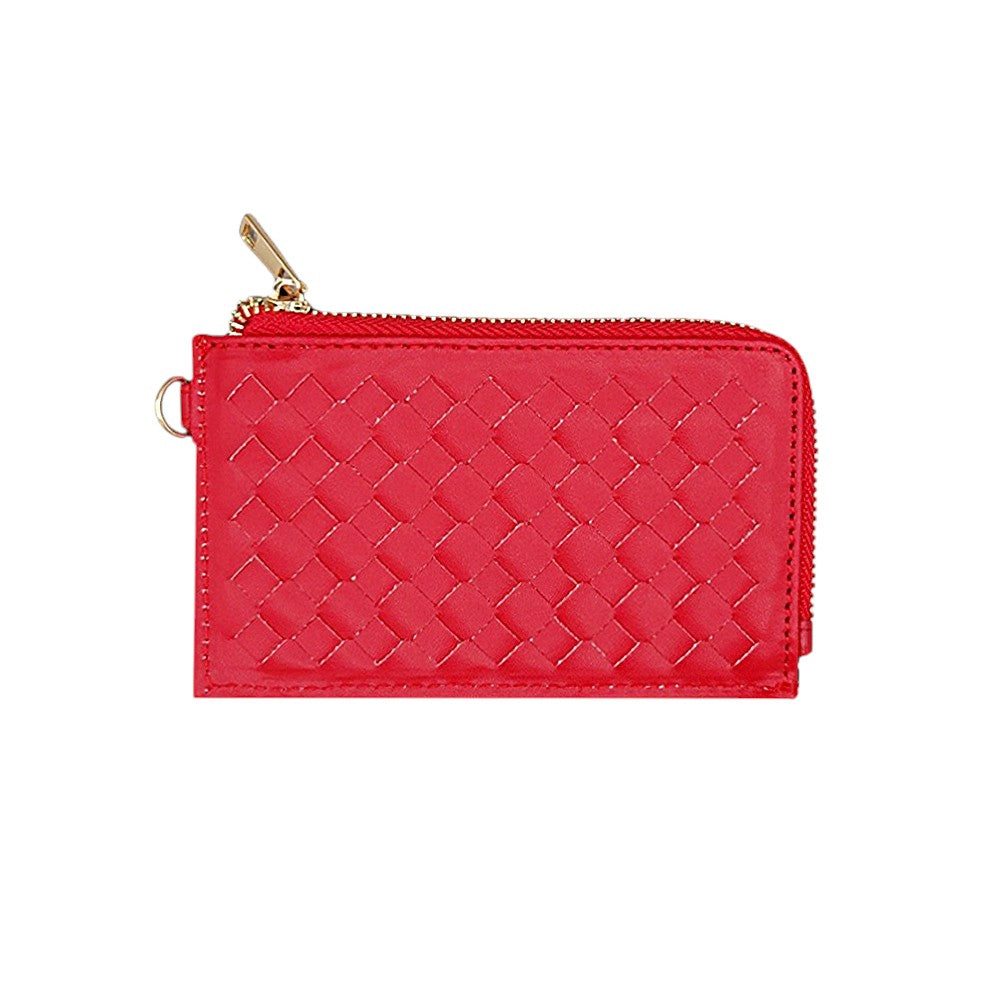 Faux Leather Basket Weave Flat Card Holder Wallet with Wristlet