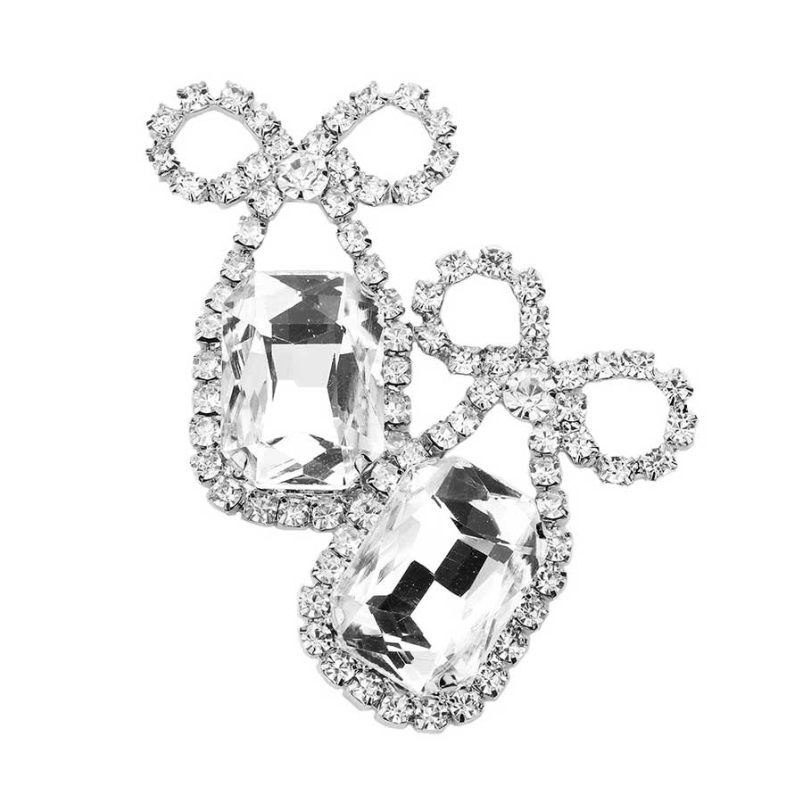 Rhinestone Bow Emerald Cut Stone Evening Earrings