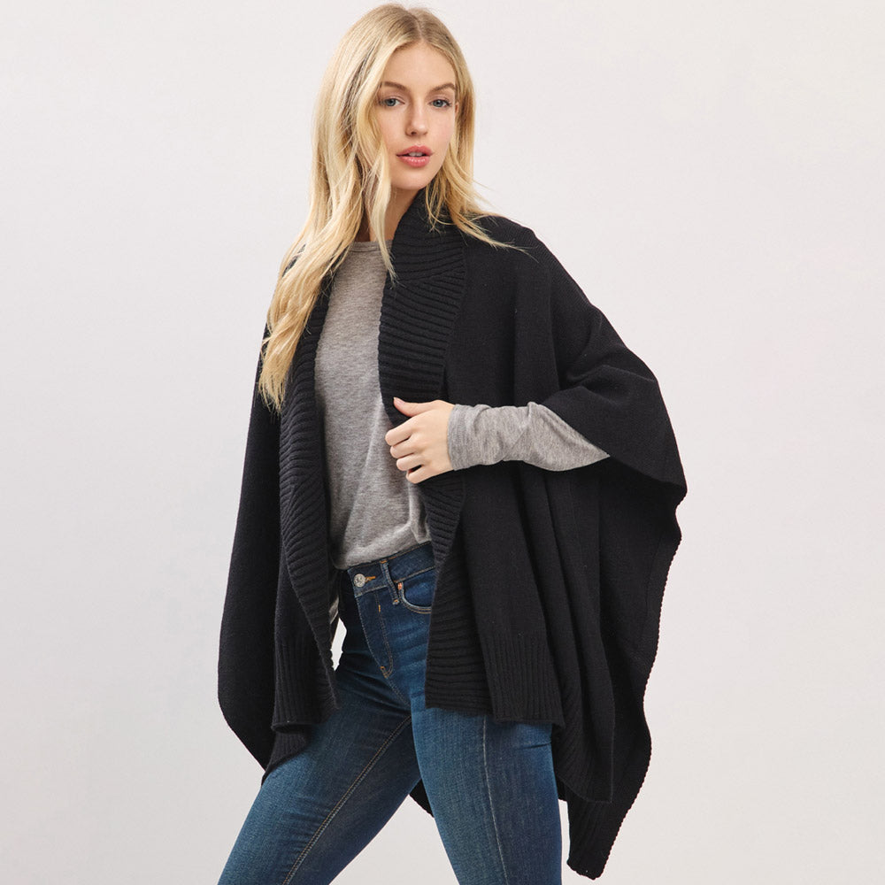 Ribbed Trim Open Front Soft Knit Shawl Cape Poncho