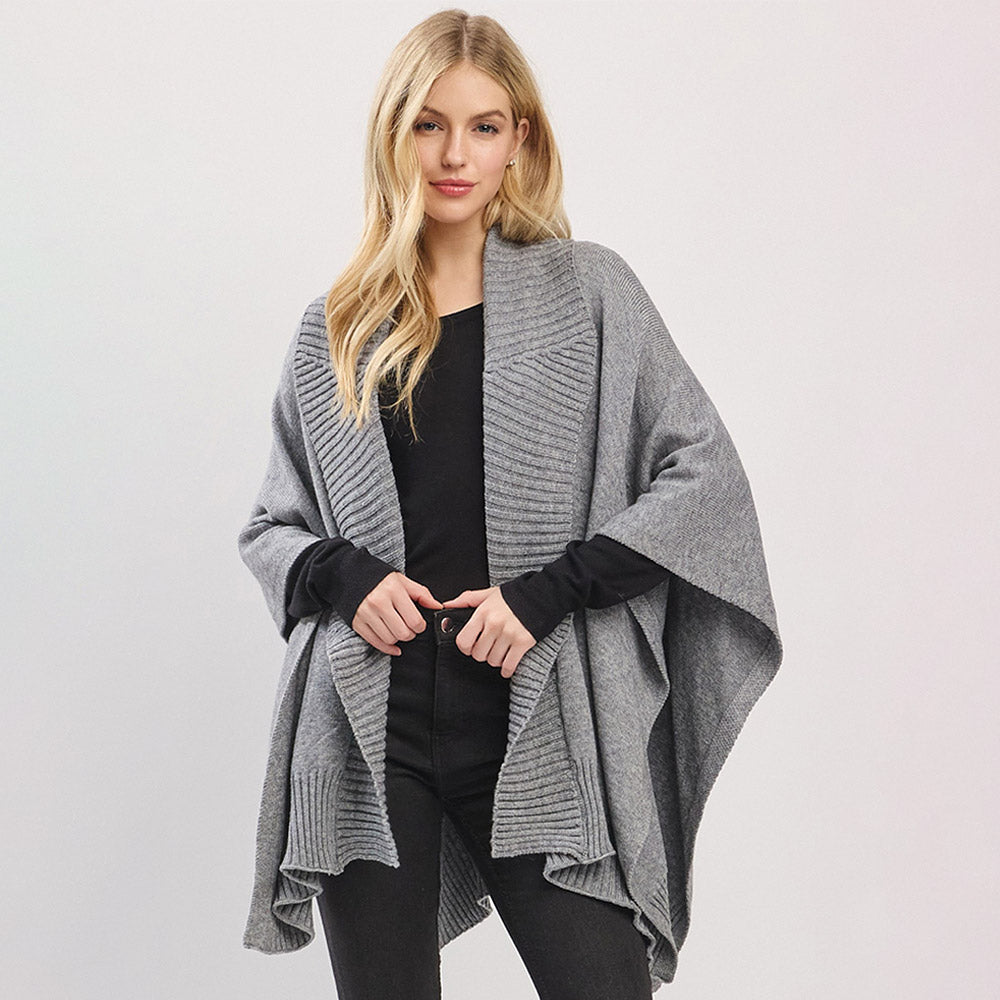 Ribbed Trim Open Front Soft Knit Shawl Cape Poncho