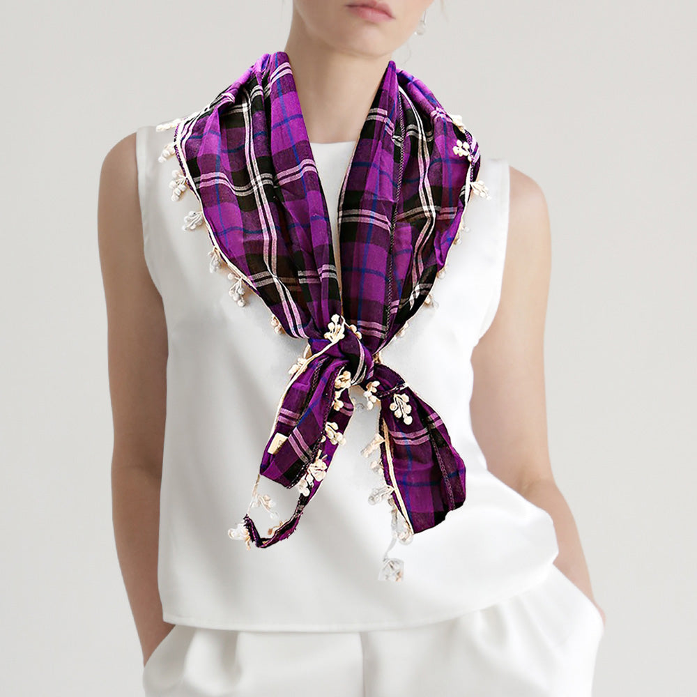 Crochet Drop Fringe Plaid Check Scarf