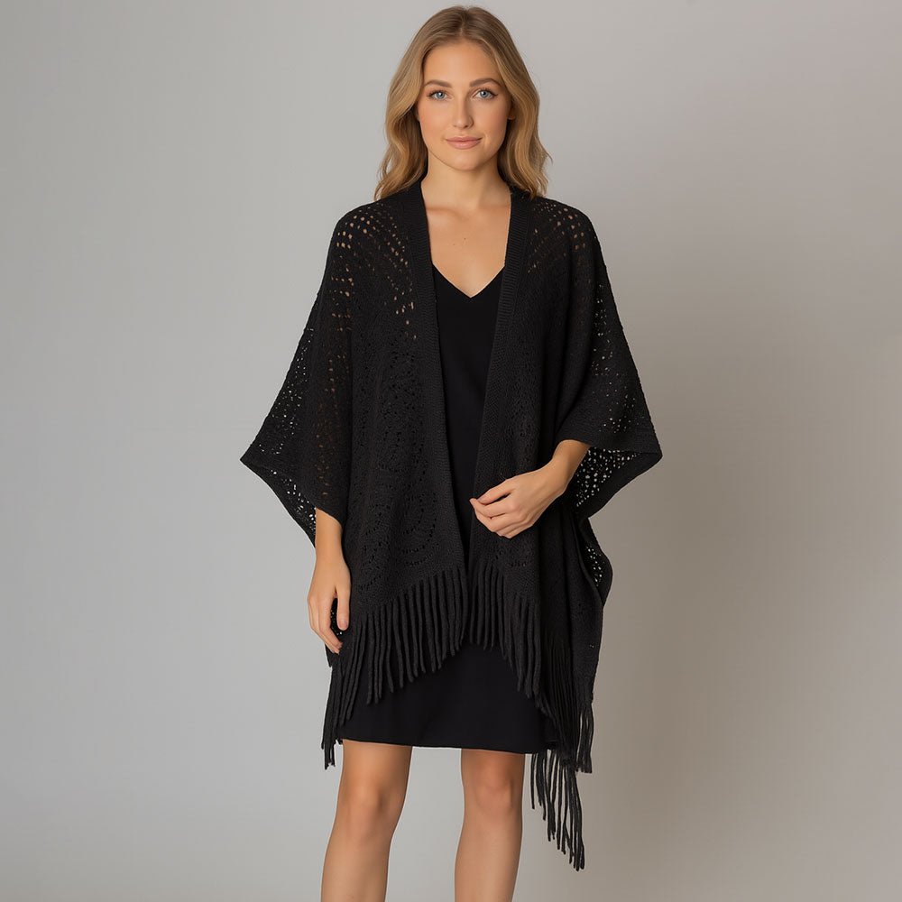 Fringe Open Knit Crochet Draped Shawl Wrap Ruana Poncho