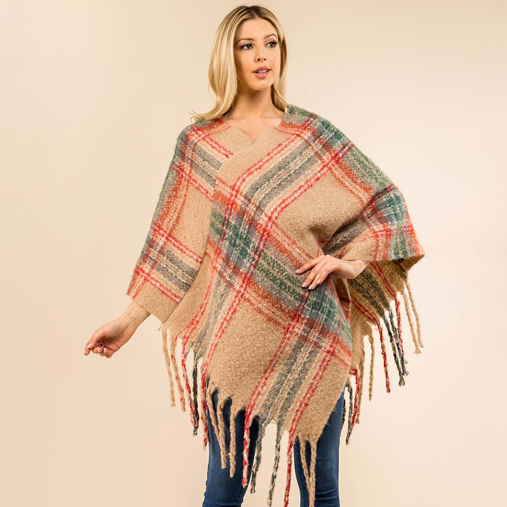 Plaid Fringe Hem Poncho