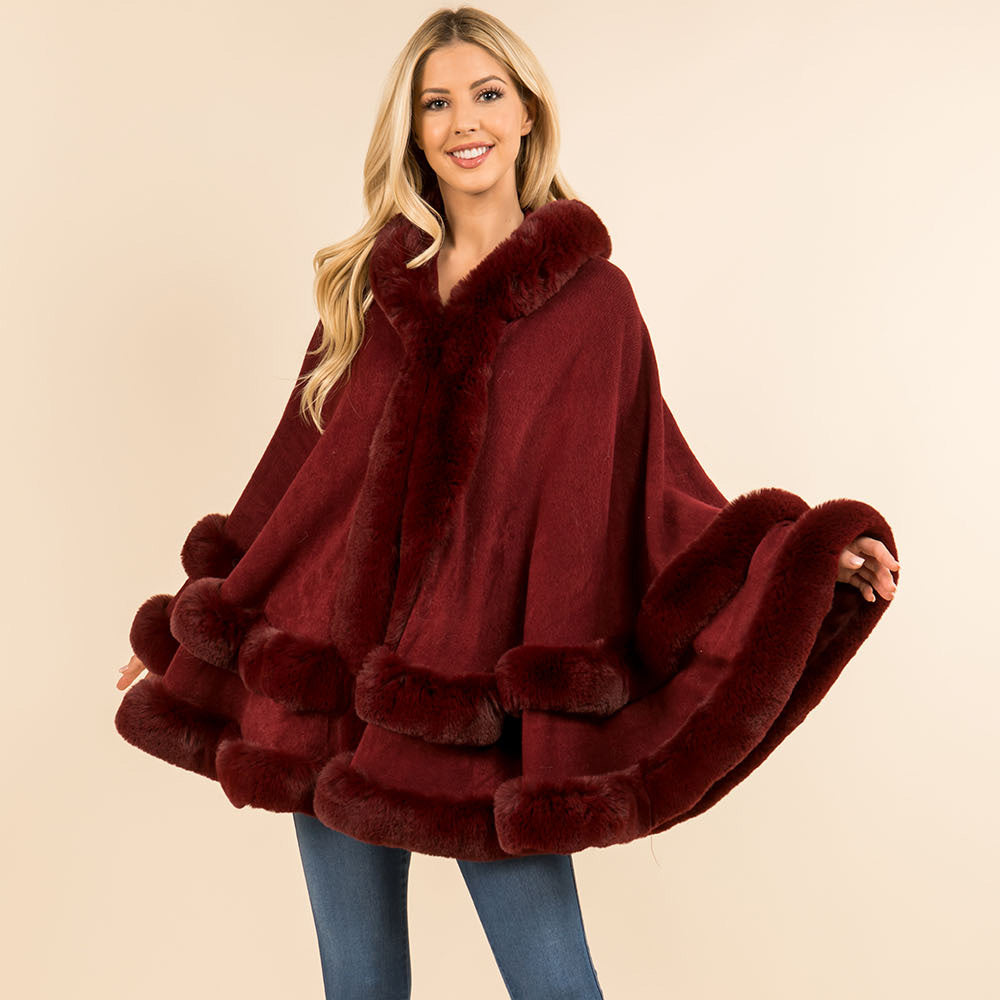 Faux Fur Trim Hooded Elegant Drape Cape Poncho