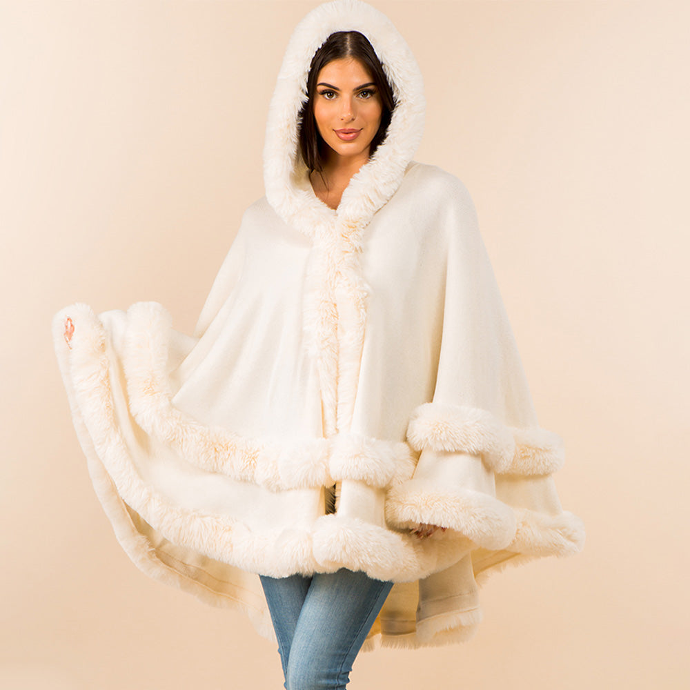 Faux Fur Trim Hooded Elegant Drape Cape Poncho