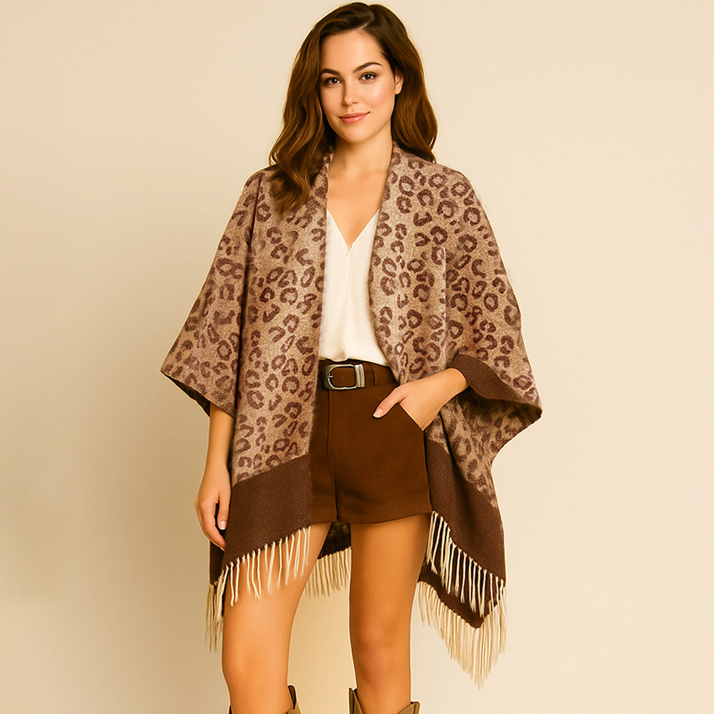 Leopard Print Open Front Fringe Hem Kimono Poncho
