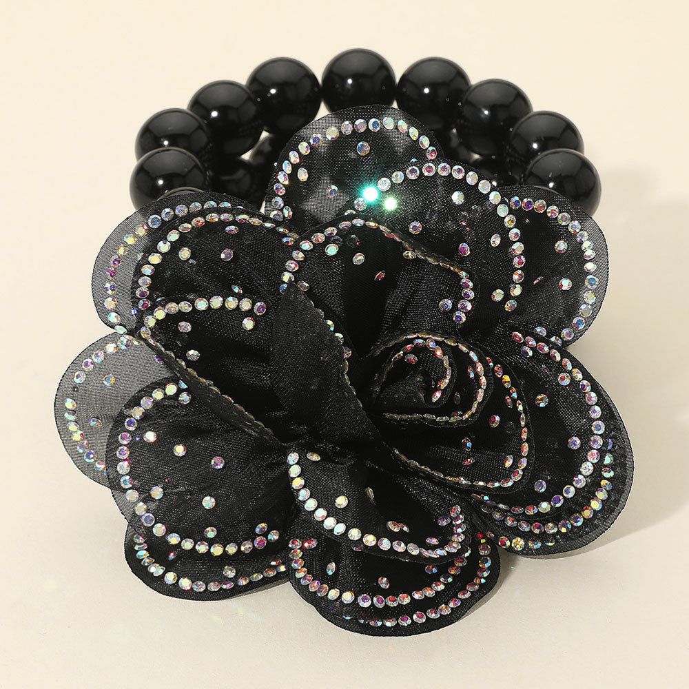 Bling Studded Fabric Flower Statement Faux Pearl Beaded Stretch Bracelet
