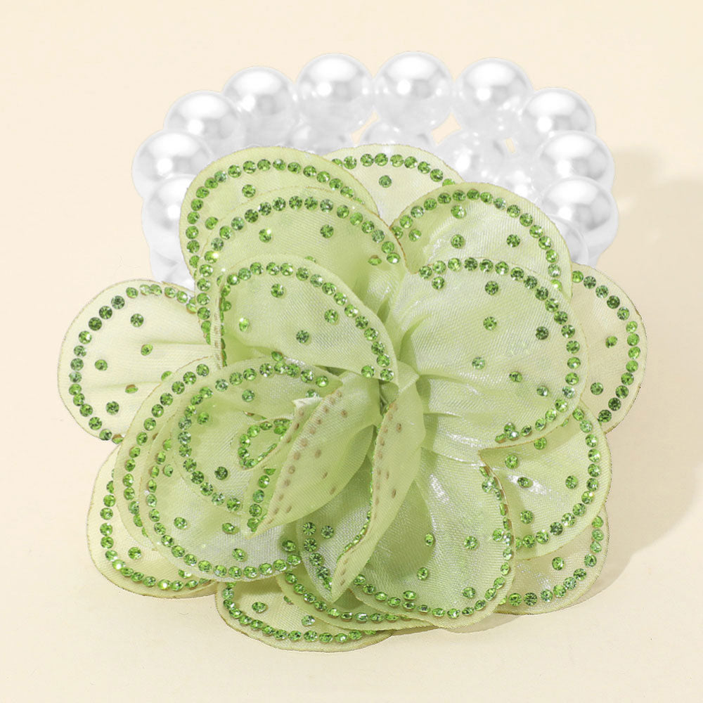 Bling Studded Fabric Flower Statement Faux Pearl Beaded Stretch Bracelet