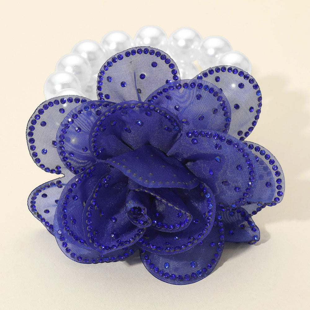 Bling Studded Fabric Flower Statement Faux Pearl Beaded Stretch Bracelet