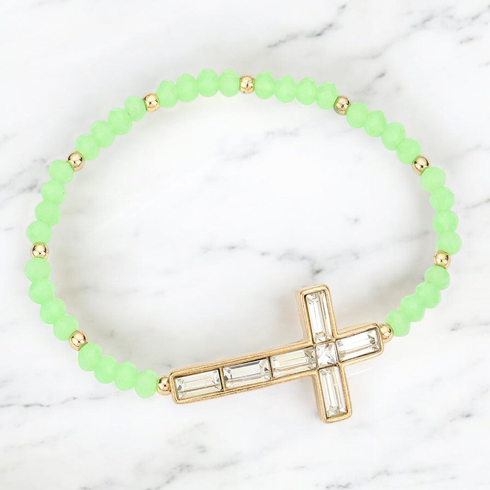 Cross Accented Faceted Beaded Stretch Bracelet