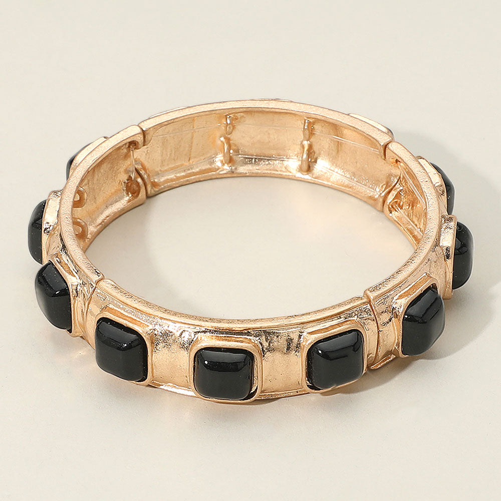 Square Bead Embellished Hammered Metal Stretch Bracelet